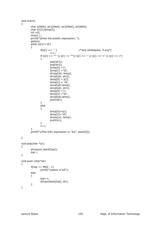 void main()
{
char s[MAX], str1[MAX], str2[MAX], str[MAX];
char s1[2],temp[2];
int i=0;
clrscr( ) ;
printf("Enter the postfix expression; ");
gets(s);
while (s[i]!='0')
{
if(s[i] == ' ' ) /*skip whitespace, if any*/
i++;
if (s[i] == '^' || s[i] == '*'|| s[i] == '-' || s[i] == '+' || s[i] == '/')
{
pop(str1);
pop(str2);
temp[0] ='(';
temp[1] ='0';
strcpy(str, temp);
strcat(str, str2);
temp[0] = s[i];
temp[1] = '0';
strcat(str,temp);
strcat(str, str1);
temp[0] =')';
temp[1] ='0';
strcat(str,temp);
push(str);
}
else
{
temp[0]=s[i];
temp[1]='0';
strcpy(s1, temp);
push(s1);
}
i++;
}
printf("nThe Infix expression is: %s", stack[0]);
}
void pop(char *a1)
{
strcpy(a1,stack[top]);
top--;
}
void push (char*str)
{
if(top == MAX - 1)
printf("nstack is full");
else
{
top++;
strcpy(stack[top], str);
}
}
Lecture Notes Dept. of Information Technology105
 