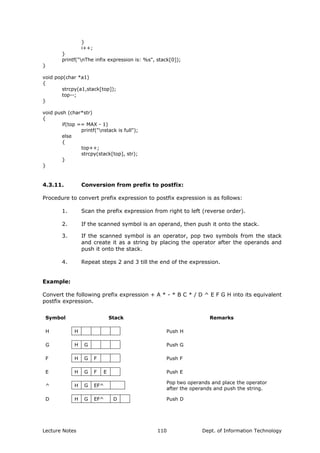 }
i++;
}
printf("nThe infix expression is: %s", stack[0]);
}
void pop(char *a1)
{
strcpy(a1,stack[top]);
top--;
}
void push (char*str)
{
if(top == MAX - 1)
printf("nstack is full");
else
{
top++;
strcpy(stack[top], str);
}
}
4.3.11. Conversion from prefix to postfix:
Procedure to convert prefix expression to postfix expression is as follows:
1. Scan the prefix expression from right to left (reverse order).
2. If the scanned symbol is an operand, then push it onto the stack.
3. If the scanned symbol is an operator, pop two symbols from the stack
and create it as a string by placing the operator after the operands and
push it onto the stack.
4. Repeat steps 2 and 3 till the end of the expression.
Example:
Convert the following prefix expression + A * - * B C * / D ^ E F G H into its equivalent
postfix expression.
Symbol Stack Remarks
H H Push H
G H G Push G
F H G F Push F
E H G F E Push E
^ H G EF^
Pop two operands and place the operator
after the operands and push the string.
D H G EF^ D Push D
Lecture Notes Dept. of Information Technology110
 