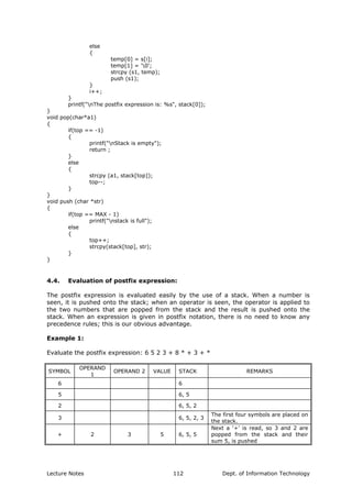 else
{
temp[0] = s[i];
temp[1] = '0';
strcpy (s1, temp);
push (s1);
}
i++;
}
printf("nThe postfix expression is: %s", stack[0]);
}
void pop(char*a1)
{
if(top == -1)
{
printf("nStack is empty");
return ;
}
else
{
strcpy (a1, stack[top]);
top--;
}
}
void push (char *str)
{
if(top == MAX - 1)
printf("nstack is full");
else
{
top++;
strcpy(stack[top], str);
}
}
4.4. Evaluation of postfix expression:
The postfix expression is evaluated easily by the use of a stack. When a number is
seen, it is pushed onto the stack; when an operator is seen, the operator is applied to
the two numbers that are popped from the stack and the result is pushed onto the
stack. When an expression is given in postfix notation, there is no need to know any
precedence rules; this is our obvious advantage.
Example 1:
Evaluate the postfix expression: 6 5 2 3 + 8 * + 3 + *
SYMBOL
OPERAND
1
OPERAND 2 VALUE STACK REMARKS
6 6
5 6, 5
2 6, 5, 2
3 6, 5, 2, 3
The first four symbols are placed on
the stack.
+ 2 3 5 6, 5, 5
Next a ‘+’ is read, so 3 and 2 are
popped from the stack and their
sum 5, is pushed
Lecture Notes Dept. of Information Technology112
 