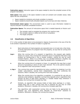 Instruction space: Instruction space is the space needed to store the compiled version of the
program instructions.
Data space: Data space is the space needed to store all constant and variable values. Data
space has two components:
• Space needed by constants and simple variables in program.
• Space needed by dynamically allocated objects such as arrays and class instances.
Environment stack space: The environment stack is used to save information needed to
resume execution of partially completed functions.
Instruction Space: The amount of instructions space that is needed depends on factors such
as:
• The compiler used to complete the program into machine code.
• The compiler options in effect at the time of compilation
• The target computer.
1.8. Classification of Algorithms
If ‘n’ is the number of data items to be processed or degree of polynomial or the size of the file
to be sorted or searched or the number of nodes in a graph etc.
1 Next instructions of most programs are executed once or at most only a few times.
If all the instructions of a program have this property, we say that its running time
is a constant.
Log n When the running time of a program is logarithmic, the program gets slightly
slower as n grows. This running time commonly occurs in programs that solve a big
problem by transforming it into a smaller problem, cutting the size by some
constant fraction., When n is a million, log n is a doubled whenever n doubles, log
n increases by a constant, but log n does not double until n increases to n2
.
n When the running time of a program is linear, it is generally the case that a small
amount of processing is done on each input element. This is the optimal situation
for an algorithm that must process n inputs.
n. log n This running time arises for algorithms but solve a problem by breaking it up into
smaller sub-problems, solving them independently, and then combining the
solutions. When n doubles, the running time more than doubles.
n2
When the running time of an algorithm is quadratic, it is practical for use only on
relatively small problems. Quadratic running times typically arise in algorithms that
process all pairs of data items (perhaps in a double nested loop) whenever n
doubles, the running time increases four fold.
n3
Similarly, an algorithm that process triples of data items (perhaps in a triple–
nested loop) has a cubic running time and is practical for use only on small
problems. Whenever n doubles, the running time increases eight fold.
2n
Few algorithms with exponential running time are likely to be appropriate for
practical use, such algorithms arise naturally as “brute–force” solutions to
problems. Whenever n doubles, the running time squares.
Lecture Notes Dept. of Information Technology8
 