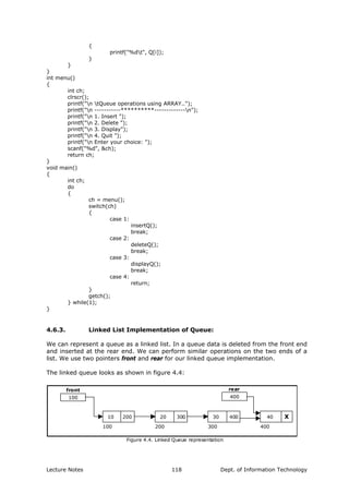 {
printf("%dt", Q[i]);
}
}
}
int menu()
{
int ch;
clrscr();
printf("n tQueue operations using ARRAY..");
printf("n -----------**********-------------n");
printf("n 1. Insert ");
printf("n 2. Delete ");
printf("n 3. Display");
printf("n 4. Quit ");
printf("n Enter your choice: ");
scanf("%d", &ch);
return ch;
}
void main()
{
int ch;
do
{
ch = menu();
switch(ch)
{
case 1:
insertQ();
break;
case 2:
deleteQ();
break;
case 3:
displayQ();
break;
case 4:
return;
}
getch();
} while(1);
}
4.6.3. Linked List Implementation of Queue:
We can represent a queue as a linked list. In a queue data is deleted from the front end
and inserted at the rear end. We can perform similar operations on the two ends of a
list. We use two pointers front and rear for our linked queue implementation.
The linked queue looks as shown in figure 4.4:
100
10 200 20 300 30 400 40 X
100 200 300 400
front
Figure 4.4. Linked Queue representation
rear
400
Lecture Notes Dept. of Information Technology118
 