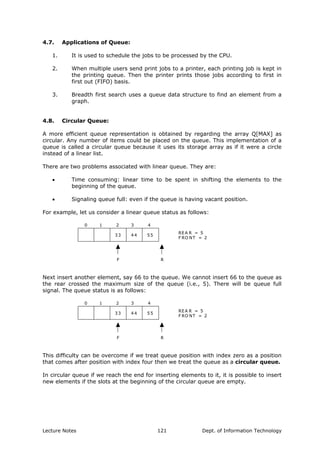4.7. Applications of Queue:
1. It is used to schedule the jobs to be processed by the CPU.
2. When multiple users send print jobs to a printer, each printing job is kept in
the printing queue. Then the printer prints those jobs according to first in
first out (FIFO) basis.
3. Breadth first search uses a queue data structure to find an element from a
graph.
4.8. Circular Queue:
A more efficient queue representation is obtained by regarding the array Q[MAX] as
circular. Any number of items could be placed on the queue. This implementation of a
queue is called a circular queue because it uses its storage array as if it were a circle
instead of a linear list.
There are two problems associated with linear queue. They are:
• Time consuming: linear time to be spent in shifting the elements to the
beginning of the queue.
• Signaling queue full: even if the queue is having vacant position.
For example, let us consider a linear queue status as follows:
33 44 55
F R
REA R = 5
F RO NT = 2
0 1 2 3 4
Next insert another element, say 66 to the queue. We cannot insert 66 to the queue as
the rear crossed the maximum size of the queue (i.e., 5). There will be queue full
signal. The queue status is as follows:
33 44 55
F R
REA R = 5
F RO NT = 2
0 1 2 3 4
This difficulty can be overcome if we treat queue position with index zero as a position
that comes after position with index four then we treat the queue as a circular queue.
In circular queue if we reach the end for inserting elements to it, it is possible to insert
new elements if the slots at the beginning of the circular queue are empty.
Lecture Notes Dept. of Information Technology121
 