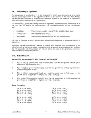1.9. Complexity of Algorithms
The complexity of an algorithm M is the function f(n) which gives the running time and/or
storage space requirement of the algorithm in terms of the size ‘n’ of the input data. Mostly,
the storage space required by an algorithm is simply a multiple of the data size ‘n’. Complexity
shall refer to the running time of the algorithm.
The function f(n), gives the running time of an algorithm, depends not only on the size ‘n’ of
the input data but also on the particular data. The complexity function f(n) for certain cases
are:
1. Best Case : The minimum possible value of f(n) is called the best case.
2. Average Case : The expected value of f(n).
3. Worst Case : The maximum value of f(n) for any key possible input.
The field of computer science, which studies efficiency of algorithms, is known as analysis of
algorithms.
Algorithms can be evaluated by a variety of criteria. Most often we shall be interested in the
rate of growth of the time or space required to solve larger and larger instances of a problem.
We will associate with the problem an integer, called the size of the problem, which is a
measure of the quantity of input data.
1.10. Rate of Growth
Big–Oh (O), Big–Omega (Ω), Big–Theta (Θ) and Little–Oh
1. T(n) = O(f(n)), (pronounced order of or big oh), says that the growth rate of T(n) is
less than or equal (<) that of f(n)
2. T(n) = Ω(g(n)) (pronounced omega), says that the growth rate of T(n) is greater than
or equal to (>) that of g(n)
3. T(n) = Θ(h(n)) (pronounced theta), says that the growth rate of T(n) equals (=) the
growth rate of h(n) [if T(n) = O(h(n)) and T(n) = Ω (h(n)]
4. T(n) = o(p(n)) (pronounced little oh), says that the growth rate of T(n) is less than the
growth rate of p(n) [if T(n) = O(p(n)) and T(n) ≠ Θ (p(n))].
Some Examples:
2n2
+ 5n – 6 = O(2n
)
2n2
+ 5n – 6 = O(n3
)
2n2
+ 5n – 6 = O(n2
)
2n2
+ 5n – 6 ≠ O(n)
2n2
+ 5n – 6 ≠ Θ(2n
)
2n2
+ 5n – 6 ≠ Θ(n3
)
2n2
+ 5n – 6 = Θ(n2
)
2n2
+ 5n – 6 ≠ Θ(n)
2n2
+ 5n – 6 ≠ Ω(2n
)
2n2
+ 5n – 6 ≠ Ω(n3
)
2n2
+ 5n – 6 = Ω(n2
)
2n2
+ 5n – 6 = Ω(n)
2n2
+ 5n – 6 = o(2n
)
2n2
+ 5n – 6 = o(n3
)
2n2
+ 5n – 6 ≠ o(n2
)
2n2
+ 5n – 6 ≠ o(n)
Lecture Notes Dept. of Information Technology9
 