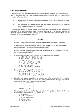 4.10. Priority Queue:
A priority queue is a collection of elements such that each element has been assigned a
priority and such that the order in which elements are deleted and processed comes
from the following rules:
1. An element of higher priority is processed before any element of lower
priority.
2. two elements with same priority are processed according to the order in
which they were added to the queue.
A prototype of a priority queue is time sharing system: programs of high priority are
processed first, and programs with the same priority form a standard queue. An
efficient implementation for the Priority Queue is to use heap, which in turn can be
used for sorting purpose called heap sort.
Exercises
1. What is a linear data structure? Give two examples of linear data structures.
2. Is it possible to have two designs for the same data structure that provide the
same functionality but are implemented differently?
3. What is the difference between the logical representation of a data structure and
the physical representation?
4. Transform the following infix expressions to reverse polish notation:
a) A ↑ B * C – D + E / F / (G + H)
b) ((A + B) * C – (D – E)) ↑ (F + G)
c) A – B / (C * D ↑ E)
d) (a + b ↑ c ↑ d) * (e + f / d))
f) 3 – 6 * 7 + 2 / 4 * 5 – 8
g) (A – B) / ((D + E) * F)
h) ((A + B) / D) ↑ ((E – F) * G)
5. Evaluate the following postfix expressions:
a) P1: 5, 3, +, 2, *, 6, 9, 7, -, /, -
b) P2: 3, 5, +, 6, 4, -, *, 4, 1, -, 2, ↑, +
c) P3 : 3, 1, +, 2, ↑, 7, 4, -, 2, *, +, 5, -
6. Consider the usual algorithm to convert an infix expression to a postfix
expression. Suppose that you have read 10 input characters during a conversion
and that the stack now contains these symbols:
Now, suppose that you read and process the 11th symbol of the input. Draw the
stack for the case where the 11th
symbol is:
A. A number:
B. A left parenthesis:
C. A right parenthesis:
D. A minus sign:
E. A division sign:
bottom
+
(
*
Lecture Notes Dept. of Information Technology127
 
