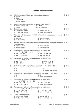 Multiple Choice Questions
1. Which among the following is a linear data structure: [ D ]
A. Queue
B. Stack
C. Linked List
D. all the above
2. Which among the following is a Dynamic data structure: [ A ]
A. Double Linked List
B. Queue
C. Stack
D. all the above
3. Stack is referred as: [ A ]
A. Last in first out list
B. First in first out list
C. both A and B
D. none of the above
4. A stack is a data structure in which all insertions and deletions of entries
are made at:
[ A ]
A. One end
B. In the middle
C. Both the ends
D. At any position
5. A queue is a data structure in which all insertions and deletions are made
respectively at:
[ A ]
A. rear and front
B. front and front
C. front and rear
D. rear and rear
6. Transform the following infix expression to postfix form:
(A + B) * (C – D) / E
[ D ]
A. A B * C + D / -
B. A B C * C D / - +
C. A B + C D * - / E
D. A B + C D - * E /
7. Transform the following infix expression to postfix form:
A - B / (C * D)
[ B ]
A. A B * C D - /
B. A B C D * / -
C. / - D C * B A
D. - / * A B C D
8. Evaluate the following prefix expression: * - + 4 3 5 / + 2 4 3 [ A ]
A. 4
B. 8
C. 1
D. none of the above
9. Evaluate the following postfix expression: 1 4 18 6 / 3 + + 5 / + [ C ]
A. 8
B. 2
C. 3
D. none of the above
10. Transform the following infix expression to prefix form:
((C * 2) + 1) / (A + B)
[ B ]
A. A B + 1 2 C * + /
B. / + * C 2 1 + A B
C. / * + 1 2 C A B +
D. none of the above
11. Transform the following infix expression to prefix form:
Z – ((((X + 1) * 2) – 5) / Y)
[ D ]
A. / - * + X 1 2 5 Y
B. Y 5 2 1 X + * - /
C. / * - + X 1 2 5 Y
D. none of the above
12. Queue is also known as: [ B ]
A. Last in first out list
B. First in first out list
C. both A and B
D. none of the above
Lecture Notes Dept. of Information Technology129
 
