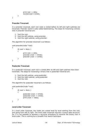 print root -> data;
inorder(root->rchild);
}
}
Preorder Traversal:
In a preorder traversal, each root node is visited before its left and right subtrees are
traversed. Preorder search is also called backtracking. The steps for traversing a binary
tree in preorder traversal are:
1. Visit the root.
2. Visit the left subtree, using preorder.
3. Visit the right subtree, using preorder.
The algorithm for preorder traversal is as follows:
void preorder(node *root)
{
if( root != NULL )
{
print root -> data;
preorder (root -> lchild);
preorder (root -> rchild);
}
}
Postorder Traversal:
In a postorder traversal, each root is visited after its left and right subtrees have been
traversed. The steps for traversing a binary tree in postorder traversal are:
1. Visit the left subtree, using postorder.
2. Visit the right subtree, using postorder
3. Visit the root.
The algorithm for postorder traversal is as follows:
void postorder(node *root)
{
if( root != NULL )
{
postorder (root -> lchild);
postorder (root -> rchild);
print (root -> data);
}
}
Level order Traversal:
In a level order traversal, the nodes are visited level by level starting from the root,
and going from left to right. The level order traversal requires a queue data structure.
So, it is not possible to develop a recursive procedure to traverse the binary tree in
level order. This is nothing but a breadth first search technique.
Lecture Notes Dept. of Information Technology140
 