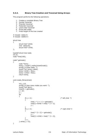 5.3.3. Binary Tree Creation and Traversal Using Arrays:
This program performs the following operations:
1. Creates a complete Binary Tree
2. Inorder traversal
3. Preorder traversal
4. Postorder traversal
5. Level order traversal
6. Prints leaf nodes
7. Finds height of the tree created
# include <stdio.h>
# include <stdlib.h>
struct tree
{
struct tree* lchild;
char data[10];
struct tree* rchild;
};
typedef struct tree node;
int ctr;
node *tree[100];
node* getnode()
{
node *temp ;
temp = (node*) malloc(sizeof(node));
printf("n Enter Data: ");
scanf("%s",temp->data);
temp->lchild = NULL;
temp->rchild = NULL;
return temp;
}
void create_fbinarytree()
{
int j, i=0;
printf("n How many nodes you want: ");
scanf("%d",&ctr);
tree[0] = getnode();
j = ctr;
j--;
do
{
if( j > 0 ) /* left child */
{
tree[ i * 2 + 1 ] = getnode();
tree[i]->lchild = tree[i * 2 + 1];
j--;
}
if( j > 0 ) /* right child */
{
tree[i * 2 + 2] = getnode();
j--;
tree[i]->rchild = tree[i * 2 + 2];
}
i++;
} while( j > 0);
}
Lecture Notes Dept. of Information Technology150
 