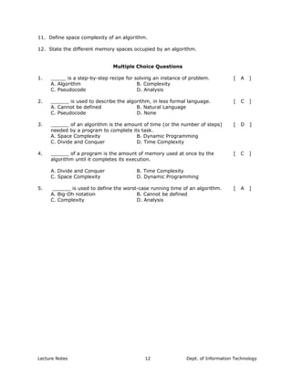 11. Define space complexity of an algorithm.
12. State the different memory spaces occupied by an algorithm.
Multiple Choice Questions
1. _____ is a step-by-step recipe for solving an instance of problem. [ A ]
A. Algorithm
C. Pseudocode
B. Complexity
D. Analysis
2. ______ is used to describe the algorithm, in less formal language. [ C ]
A. Cannot be defined
C. Pseudocode
B. Natural Language
D. None
3. ______ of an algorithm is the amount of time (or the number of steps)
needed by a program to complete its task.
[ D ]
A. Space Complexity
C. Divide and Conquer
B. Dynamic Programming
D. Time Complexity
4. ______ of a program is the amount of memory used at once by the
algorithm until it completes its execution.
[ C ]
A. Divide and Conquer
C. Space Complexity
B. Time Complexity
D. Dynamic Programming
5. ______ is used to define the worst-case running time of an algorithm. [ A ]
A. Big-Oh notation
C. Complexity
B. Cannot be defined
D. Analysis
Lecture Notes Dept. of Information Technology12
 