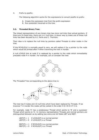 4. Prefix to postfix:
The following algorithm works for the expressions to convert postfix to prefix:
A. Create the expression tree from the prefix expression
B. Run postorder traversal on the tree.
5.5. Threaded Binary Tree:
The linked representation of any binary tree has more null links than actual pointers. If
there are 2n total links, there are n+1 null links. A clever way to make use of these null
links has been devised by A.J. Perlis and C. Thornton.
Their idea is to replace the null links by pointers called Threads to other nodes in the
tree.
If the RCHILD(p) is normally equal to zero, we will replace it by a pointer to the node
which would be printed after P when traversing the tree in inorder.
A null LCHILD link at node P is replaced by a pointer to the node which immediately
precedes node P in inorder. For example, Let us consider the tree:
A
CB
E GD F
IH
The Threaded Tree corresponding to the above tree is:
A
B C
F GED
H I
The tree has 9 nodes and 10 null links which have been replaced by Threads. If we
traverse T in inorder the nodes will be visited in the order H D I B E A F C G.
For example, node ‘E’ has a predecessor Thread which points to ‘B’ and a successor
Thread which points to ‘A’. In memory representation Threads and normal pointers are
distinguished between as by adding two extra one bit fields LBIT and RBIT.
LBIT(P) = 1 if LCHILD(P) is a normal pointer
LBIT(P) = 0 if LCHILD(P) is a Thread
RBIT(P) = 1 if RCHILD(P) is a normal pointer
RBIT(P) = 0 if RCHILD(P) is a Thread
Lecture Notes Dept. of Information Technology168
 