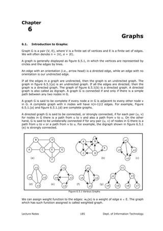 Chapter
6
Graphs
6.1. Introduction to Graphs:
Graph G is a pair (V, E), where V is a finite set of vertices and E is a finite set of edges.
We will often denote n = |V|, e = |E|.
A graph is generally displayed as figure 6.5.1, in which the vertices are represented by
circles and the edges by lines.
An edge with an orientation (i.e., arrow head) is a directed edge, while an edge with no
orientation is our undirected edge.
If all the edges in a graph are undirected, then the graph is an undirected graph. The
graph in figure 6.5.1(a) is an undirected graph. If all the edges are directed; then the
graph is a directed graph. The graph of figure 6.5.1(b) is a directed graph. A directed
graph is also called as digraph. A graph G is connected if and only if there is a simple
path between any two nodes in G.
A graph G is said to be complete if every node a in G is adjacent to every other node v
in G. A complete graph with n nodes will have n(n-1)/2 edges. For example, Figure
6.5.1.(a) and figure 6.5.1.(d) are complete graphs.
A directed graph G is said to be connected, or strongly connected, if for each pair (u, v)
for nodes in G there is a path from u to v and also a path from v to u. On the other
hand, G is said to be unilaterally connected if for any pair (u, v) of nodes in G there is a
path from u to v or a path from v to u. For example, the digraph shown in figure 6.5.1
(e) is strongly connected.
A B
C D
E
B D
GEC
F
A
Figure 6.5.1 Various Graphs
(b)(a)
v4 v2
v3
v1
(d)
v4 v2
v3
v1
(c)
(f)
v4 v2
v3
v1 v1
v2 v3
v4 v5 v6 v7
(g)(e)
v4 v2
v3
v1
We can assign weight function to the edges: wG(e) is a weight of edge e ∈ E. The graph
which has such function assigned is called weighted graph.
Lecture Notes Dept. of Information Technology185
 