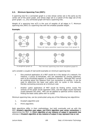 6.3. Minimum Spanning Tree (MST):
A spanning tree for a connected graph is a tree whose vertex set is the same as the
vertex set of the given graph, and whose edge set is a subset of the edge set of the
given graph. i.e., any connected graph will have a spanning tree.
Weight of a spanning tree w(T) is the sum of weights of all edges in T. Minimum
spanning tree (MST) is a spanning tree with the smallest possible weight.
Example:
G:
A gra ph G:
T hre e ( of ma ny po s s ible) s pa nning tre e s fro m gra ph G:
5
2
4
6
1
3
A w e ight e d gra ph G: T he mini ma l s pa nning tre e fro m w e ight e d gra ph G:
2
3
1
G:
Let's consider a couple of real-world examples on minimum spanning tree:
• One practical application of a MST would be in the design of a network. For
instance, a group of individuals, who are separated by varying distances,
wish to be connected together in a telephone network. Although MST cannot
do anything about the distance from one connection to another, it can be
used to determine the least cost paths with no cycles in this network,
thereby connecting everyone at a minimum cost.
• Another useful application of MST would be finding airline routes. The
vertices of the graph would represent cities, and the edges would represent
routes between the cities. MST can be applied to optimize airline routes by
finding the least costly paths with no cycles.
Minimum spanning tree, can be constructed using any of the following two algorithms:
1. Kruskal’s algorithm and
2. Prim’s algorithm.
Both algorithms differ in their methodology, but both eventually end up with the
MST. Kruskal's algorithm uses edges, and Prim’s algorithm uses vertex connections in
determining the MST. In Prim’s algorithm at any instance of output it represents tree
whereas in Kruskal’s algorithm at any instance of output it may represent tree or not.
Lecture Notes Dept. of Information Technology189
 