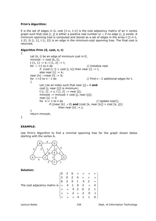 Prim’s Algorithm:
E is the set of edges in G. cost [1:n, 1:n] is the cost adjacency matrix of an n vertex
graph such that cost [i, j] is either a positive real number or ∝ if no edge (i, j) exists. A
minimum spanning tree is computed and stored as a set of edges in the array t [1:n-1,
1:2]. (t [i, 1], t [i, 2]) is an edge in the minimum-cost spanning tree. The final cost is
returned.
Algorithm Prim (E, cost, n, t)
{
Let (k, l) be an edge of minimum cost in E;
mincost := cost [k, l];
t [1, 1] := k; t [1, 2] := l;
for i :=1 to n do // Initialize near
if (cost [i, l] < cost [i, k]) then near [i] := l;
else near [i] := k;
near [k] :=near [l] := 0;
for i:=2 to n - 1 do // Find n - 2 additional edges for t.
{
Let j be an index such that near [j] ≠ 0 and
cost [j, near [j]] is minimum;
t [i, 1] := j; t [i, 2] := near [j];
mincost := mincost + cost [j, near [j]];
near [j] := 0
for k:= 1 to n do // Update near[].
if ((near [k] ≠ 0) and (cost [k, near [k]] > cost [k, j]))
then near [k] := j;
}
return mincost;
}
EXAMPLE:
Use Prim’s Algorithm to find a minimal spanning tree for the graph shown below
starting with the vertex A.
D
G
E
F
A C
B
4
4
1
3
6
2
2 1 2
1
2
4
Solution:
The cost adjacency matrix is
⎟⎟
⎟
⎟
⎟
⎟
⎟
⎟
⎟
⎟
⎠
⎞
⎜⎜
⎜
⎜
⎜
⎜
⎜
⎜
⎜
⎜
⎝
⎛
∞∞∞
∞∞∞
∞∞
∞∞
∞
∞∞∞
∞∞∞∞
0114
1022
12024
42014
241026
4203
630
Lecture Notes Dept. of Information Technology194
 