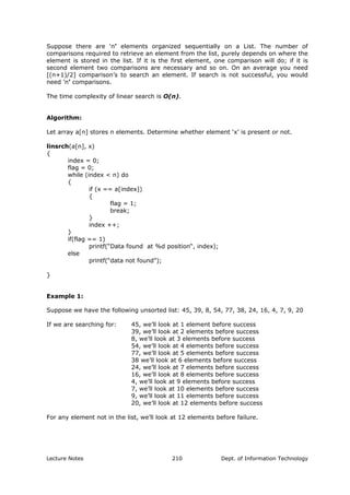 Suppose there are ‘n’ elements organized sequentially on a List. The number of
comparisons required to retrieve an element from the list, purely depends on where the
element is stored in the list. If it is the first element, one comparison will do; if it is
second element two comparisons are necessary and so on. On an average you need
[(n+1)/2] comparison’s to search an element. If search is not successful, you would
need ’n’ comparisons.
The time complexity of linear search is O(n).
Algorithm:
Let array a[n] stores n elements. Determine whether element ‘x’ is present or not.
linsrch(a[n], x)
{
index = 0;
flag = 0;
while (index < n) do
{
if (x == a[index])
{
flag = 1;
break;
}
index ++;
}
if(flag == 1)
printf(“Data found at %d position“, index);
else
printf(“data not found”);
}
Example 1:
Suppose we have the following unsorted list: 45, 39, 8, 54, 77, 38, 24, 16, 4, 7, 9, 20
If we are searching for: 45, we’ll look at 1 element before success
39, we’ll look at 2 elements before success
8, we’ll look at 3 elements before success
54, we’ll look at 4 elements before success
77, we’ll look at 5 elements before success
38 we’ll look at 6 elements before success
24, we’ll look at 7 elements before success
16, we’ll look at 8 elements before success
4, we’ll look at 9 elements before success
7, we’ll look at 10 elements before success
9, we’ll look at 11 elements before success
20, we’ll look at 12 elements before success
For any element not in the list, we’ll look at 12 elements before failure.
Lecture Notes Dept. of Information Technology210
 