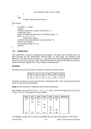 bin_search(a, data, mid+1, high);
}
}
else
printf("n Element not found");
}
void main()
{
int a[25], i, n, data;
clrscr();
printf("n Enter the number of elements: ");
scanf("%d", &n);
printf("n Enter the elements in ascending order: ");
for(i = 0; i < n; i++)
scanf("%d", &a[i]);
printf("n Enter the element to be searched: ");
scanf("%d", &data);
bin_search(a, data, 0, n-1);
getch();
}
7.3. Bubble Sort:
The bubble sort is easy to understand and program. The basic idea of bubble sort is to
pass through the file sequentially several times. In each pass, we compare each
element in the file with its successor i.e., X[i] with X[i+1] and interchange two element
when they are not in proper order. We will illustrate this sorting technique by taking a
specific example. Bubble sort is also called as exchange sort.
Example:
Consider the array x[n] which is stored in memory as shown below:
X[0] X[1] X[2] X[3] X[4] X[5]
33 44 22 11 66 55
Suppose we want our array to be stored in ascending order. Then we pass through the
array 5 times as described below:
Pass 1: (first element is compared with all other elements).
We compare X[i] and X[i+1] for i = 0, 1, 2, 3, and 4, and interchange X[i] and X[i+1]
if X[i] > X[i+1]. The process is shown below:
X[0] X[1] X[2] X[3] X[4] X[5] Remarks
33 44 22 11 66 55
22 44
11 44
44 66
55 66
33 22 11 44 55 66
The biggest number 66 is moved to (bubbled up) the right most position in the array.
Lecture Notes Dept. of Information Technology217
 