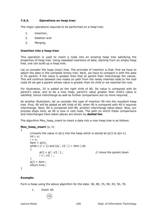 7.6.3. Operations on heap tree:
The major operations required to be performed on a heap tree:
1. Insertion,
2. Deletion and
3. Merging.
Insertion into a heap tree:
This operation is used to insert a node into an existing heap tree satisfying the
properties of heap tree. Using repeated insertions of data, starting from an empty heap
tree, one can build up a heap tree.
Let us consider the heap (max) tree. The principle of insertion is that, first we have to
adjoin the data in the complete binary tree. Next, we have to compare it with the data
in its parent; if the value is greater than that at parent then interchange the values.
This will continue between two nodes on path from the newly inserted node to the root
node till we get a parent whose value is greater than its child or we reached the root.
For illustration, 35 is added as the right child of 80. Its value is compared with its
parent’s value, and to be a max heap, parent’s value greater than child’s value is
satisfied, hence interchange as well as further comparisons are no more required.
As another illustration, let us consider the case of insertion 90 into the resultant heap
tree. First, 90 will be added as left child of 40, when 90 is compared with 40 it requires
interchange. Next, 90 is compared with 80, another interchange takes place. Now, our
process stops here, as 90 is now in root node. The path on which these comparisons
and interchanges have taken places are shown by dashed line.
The algorithm Max_heap_insert to insert a data into a max heap tree is as follows:
Max_heap_insert (a, n)
{
//inserts the value in a[n] into the heap which is stored at a[1] to a[n-1]
int i, n;
i = n;
item = a[n];
while ( (i > 1) and (a[ ⎣ i/2 ⎦ ] < item ) do
{
a[i] = a[ ⎣ i/2 ⎦ ] ; // move the parent down
i = ⎣ i/2 ⎦ ;
}
a[i] = item ;
return true ;
}
Example:
Form a heap using the above algorithm for the data: 40, 80, 35, 90, 45, 50, 70.
40
1. Insert 40:
Lecture Notes Dept. of Information Technology228
 