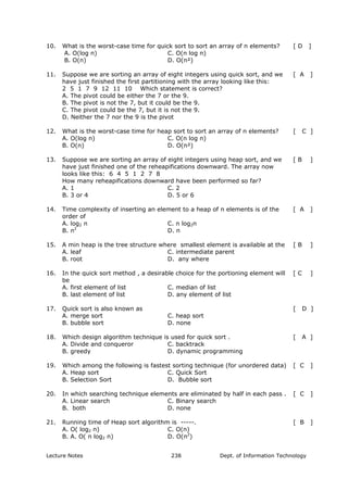 10. What is the worst-case time for quick sort to sort an array of n elements? [ D ]
A. O(log n)
B. O(n)
C. O(n log n)
D. O(n²)
11. Suppose we are sorting an array of eight integers using quick sort, and we
have just finished the first partitioning with the array looking like this:
2 5 1 7 9 12 11 10 Which statement is correct?
[ A ]
A. The pivot could be either the 7 or the 9.
B. The pivot is not the 7, but it could be the 9.
C. The pivot could be the 7, but it is not the 9.
D. Neither the 7 nor the 9 is the pivot
12. What is the worst-case time for heap sort to sort an array of n elements? [ C ]
A. O(log n)
B. O(n)
C. O(n log n)
D. O(n²)
13. Suppose we are sorting an array of eight integers using heap sort, and we
have just finished one of the reheapifications downward. The array now
looks like this: 6 4 5 1 2 7 8
How many reheapifications downward have been performed so far?
[ B ]
A. 1
B. 3 or 4
C. 2
D. 5 or 6
14. Time complexity of inserting an element to a heap of n elements is of the
order of
[ A ]
A. log2 n
B. n2
C. n log2n
D. n
15. A min heap is the tree structure where smallest element is available at the [ B ]
A. leaf
B. root
C. intermediate parent
D. any where
16. In the quick sort method , a desirable choice for the portioning element will
be
[ C ]
A. first element of list
B. last element of list
C. median of list
D. any element of list
17. Quick sort is also known as [ D ]
A. merge sort
B. bubble sort
C. heap sort
D. none
18. Which design algorithm technique is used for quick sort . [ A ]
A. Divide and conqueror
B. greedy
C. backtrack
D. dynamic programming
19. Which among the following is fastest sorting technique (for unordered data) [ C ]
A. Heap sort
B. Selection Sort
C. Quick Sort
D. Bubble sort
20. In which searching technique elements are eliminated by half in each pass . [ C ]
A. Linear search
B. both
C. Binary search
D. none
21. Running time of Heap sort algorithm is -----. [ B ]
A. O( log2 n)
B. A. O( n log2 n)
C. O(n)
D. O(n2
)
Lecture Notes Dept. of Information Technology238
 
