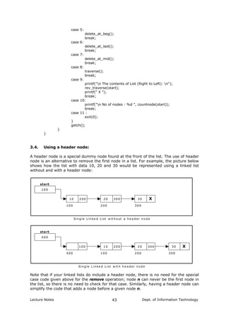 case 5:
delete_at_beg();
break;
case 6:
delete_at_last();
break;
case 7:
delete_at_mid();
break;
case 8:
traverse();
break;
case 9:
printf("n The contents of List (Right to Left): n");
rev_traverse(start);
printf(" X ");
break;
case 10:
printf("n No of nodes : %d ", countnode(start));
break;
case 11 :
exit(0);
}
getch();
}
}
3.4. Using a header node:
A header node is a special dummy node found at the front of the list. The use of header
node is an alternative to remove the first node in a list. For example, the picture below
shows how the list with data 10, 20 and 30 would be represented using a linked list
without and with a header node:
100
10 200 20 300 30 X
100 200 300
sta rt
Single Linke d List w it ho ut a he a der no de
400
100 10 200 20 300 30 X
400 100 200 300
sta rt
Single Linke d List w it h he a der no de
Note that if your linked lists do include a header node, there is no need for the special
case code given above for the remove operation; node n can never be the first node in
the list, so there is no need to check for that case. Similarly, having a header node can
simplify the code that adds a node before a given node n.
Lecture Notes Dept. of Information Technology43
 