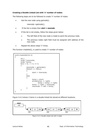 Creating a Double Linked List with ‘n’ number of nodes:
The following steps are to be followed to create ‘n’ number of nodes:
• Get the new node using getnode().
newnode =getnode();
• If the list is empty then start = newnode.
• If the list is not empty, follow the steps given below:
• The left field of the new node is made to point the previous node.
• The previous nodes right field must be assigned with address of the
new node.
• Repeat the above steps ‘n’ times.
The function createlist(), is used to create ‘n’ number of nodes:
vo id createlist(int n)
{
int i;
no de * new no de;
no de *tem p;
for(i = 0; i < n; i+ +)
{
new no de = getno de();
if(start = = NULL)
{
start = new no de;
}
else
{
tem p = start;
w hile(tem p -> right)
tem p = tem p -> right;
tem p -> right = new no de;
new no de -> left = tem p;
}
}
}
Figure 3.4.3 shows 3 items in a double linked list stored at different locations.
100
X 10 200 200 30 X
100 200 300
start
Figure 3.4.3. Double Linked List with 3 nodes
100 20 300
Lecture Notes Dept. of Information Technology46
 