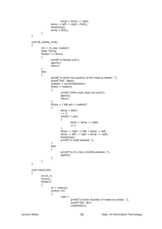 temp = temp -> right;
temp -> left -> right = NULL;
free(temp);
temp = NULL;
}
}
void dll_delete_mid()
{
int i = 0, pos, nodectr;
node *temp;
if(start == NULL)
{
printf("n Empty List");
getch();
return;
}
else
{
printf("n Enter the position of the node to delete: ");
scanf("%d", &pos);
nodectr = countnode(start);
if(pos > nodectr)
{
printf("nthis node does not exist");
getch();
return;
}
if(pos > 1 && pos < nodectr)
{
temp = start;
i = 1;
while(i < pos)
{
temp = temp -> right;
i++;
}
temp -> right -> left = temp -> left;
temp -> left -> right = temp -> right;
free(temp);
printf("n node deleted..");
}
else
{
printf("n It is not a middle position..");
getch();
}
}
}
void main(void)
{
int ch, n;
clrscr();
while(1)
{
ch = menu();
switch( ch)
{
case 1 :
printf("n Enter Number of nodes to create: ");
scanf("%d", &n);
createlist(n);
Lecture Notes Dept. of Information Technology55
 