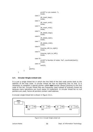 printf("n List created..");
break;
case 2 :
dll_insert_beg();
break;
case 3 :
dll_insert_end();
break;
case 4 :
dll_insert_mid();
break;
case 5 :
dll_delete_beg();
break;
case 6 :
dll_delete_last();
break;
case 7 :
dll_delete_mid();
break;
case 8 :
traverse_left_to_right();
break;
case 9 :
traverse_right_to_left();
break;
case 10 :
printf("n Number of nodes: %d", countnode(start));
break;
case 11:
exit(0);
}
getch();
}
}
3.7. Circular Single Linked List:
It is just a single linked list in which the link field of the last node points back to the
address of the first node. A circular linked list has no beginning and no end. It is
necessary to establish a special pointer called start pointer always pointing to the first
node of the list. Circular linked lists are frequently used instead of ordinary linked list
because many operations are much easier to implement. In circular linked list no null
pointers are used, hence all pointers contain valid address.
A circular single linked list is shown in figure 3.6.1.
100
10 200 20 300 30 400 40 100
100 200 300 400
start
Figure 3.6.1. Circular Single Linked List
Lecture Notes Dept. of Information Technology56
 