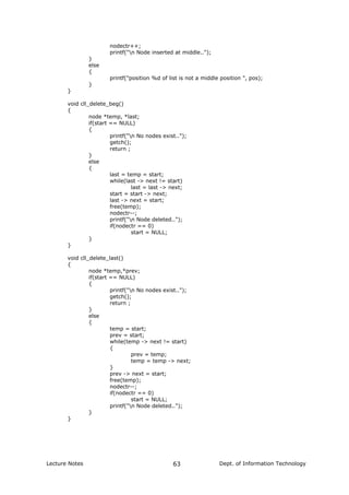 nodectr++;
printf("n Node inserted at middle..");
}
else
{
printf("position %d of list is not a middle position ", pos);
}
}
void cll_delete_beg()
{
node *temp, *last;
if(start == NULL)
{
printf("n No nodes exist..");
getch();
return ;
}
else
{
last = temp = start;
while(last -> next != start)
last = last -> next;
start = start -> next;
last -> next = start;
free(temp);
nodectr--;
printf("n Node deleted..");
if(nodectr == 0)
start = NULL;
}
}
void cll_delete_last()
{
node *temp,*prev;
if(start == NULL)
{
printf("n No nodes exist..");
getch();
return ;
}
else
{
temp = start;
prev = start;
while(temp -> next != start)
{
prev = temp;
temp = temp -> next;
}
prev -> next = start;
free(temp);
nodectr--;
if(nodectr == 0)
start = NULL;
printf("n Node deleted..");
}
}
Lecture Notes Dept. of Information Technology63
 