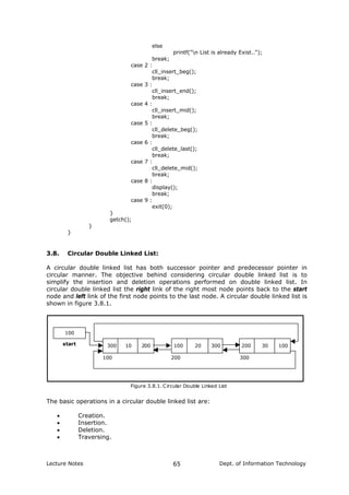 else
printf("n List is already Exist..");
break;
case 2 :
cll_insert_beg();
break;
case 3 :
cll_insert_end();
break;
case 4 :
cll_insert_mid();
break;
case 5 :
cll_delete_beg();
break;
case 6 :
cll_delete_last();
break;
case 7 :
cll_delete_mid();
break;
case 8 :
display();
break;
case 9 :
exit(0);
}
getch();
}
}
3.8. Circular Double Linked List:
A circular double linked list has both successor pointer and predecessor pointer in
circular manner. The objective behind considering circular double linked list is to
simplify the insertion and deletion operations performed on double linked list. In
circular double linked list the right link of the right most node points back to the start
node and left link of the first node points to the last node. A circular double linked list is
shown in figure 3.8.1.
100
300 10 200 200 30 100
100 200 300
start
Figure 3.8.1. Circular Double Linked List
100 20 300
The basic operations in a circular double linked list are:
• Creation.
• Insertion.
• Deletion.
• Traversing.
Lecture Notes Dept. of Information Technology65
 