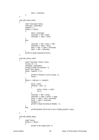 start = newnode;
}
}
void cdll_insert_end()
{
node *newnode,*temp;
newnode = getnode();
nodectr++;
if(start == NULL)
{
start = newnode;
newnode -> left = start;
newnode -> right = start;
}
else
{
newnode -> left = start -> left;
newnode -> right = start;
start -> left -> right = newnode;
start -> left = newnode;
}
printf("n Node Inserted at End");
}
void cdll_insert_mid()
{
node *newnode, *temp, *prev;
int pos, ctr = 1;
newnode = getnode();
printf("n Enter the position: ");
scanf("%d", &pos);
if(pos - nodectr >= 2)
{
printf("n Position is out of range..");
return;
}
if(pos > 1 && pos <= nodectr)
{
temp = start;
while(ctr < pos - 1)
{
temp = temp -> right;
ctr++;
}
newnode -> left = temp;
newnode -> right = temp -> right;
temp -> right -> left = newnode;
temp -> right = newnode;
nodectr++;
printf("n Node Inserted at Middle.. ");
}
else
printf("position %d of list is not a middle position", pos);
}
}
void cdll_delete_beg()
{
node *temp;
if(start == NULL)
{
printf("n No nodes exist..");
Lecture Notes Dept. of Information Technology73
 