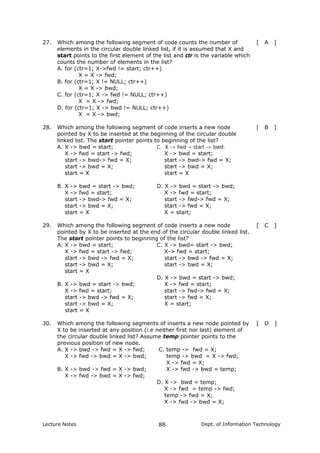 27. Which among the following segment of code counts the number of
elements in the circular double linked list, if it is assumed that X and
start points to the first element of the list and ctr is the variable which
counts the number of elements in the list?
[ A ]
A. for (ctr=1; X->fwd != start; ctr++)
X = X -> fwd;
B. for (ctr=1; X != NULL; ctr++)
X = X -> bwd;
C. for (ctr=1; X -> fwd != NULL; ctr++)
X = X -> fwd;
D. for (ctr=1; X -> bwd != NULL; ctr++)
X = X -> bwd;
28. Which among the following segment of code inserts a new node
pointed by X to be inserted at the beginning of the circular double
linked list. The start pointer points to beginning of the list?
[ B ]
A. X -> bwd = start;
X -> fwd = start -> fwd;
start -> bwd-> fwd = X;
start -> bwd = X;
start = X
B. X -> bwd = start -> bwd;
X -> fwd = start;
start -> bwd-> fwd = X;
start -> bwd = X;
start = X
C. X -> fwd = start -> bwd;
X -> bwd = start;
start -> bwd-> fwd = X;
start -> bwd = X;
start = X
D. X -> bwd = start -> bwd;
X -> fwd = start;
start -> fwd-> fwd = X;
start -> fwd = X;
X = start;
29. Which among the following segment of code inserts a new node
pointed by X to be inserted at the end of the circular double linked list.
The start pointer points to beginning of the list?
[ C ]
A. X -> bwd = start;
X -> fwd = start -> fwd;
start -> bwd -> fwd = X;
start -> bwd = X;
start = X
B. X -> bwd = start -> bwd;
X -> fwd = start;
start -> bwd -> fwd = X;
start -> bwd = X;
start = X
C. X -> bwd= start -> bwd;
X-> fwd = start;
start -> bwd -> fwd = X;
start -> bwd = X;
D. X -> bwd = start -> bwd;
X -> fwd = start;
start -> fwd-> fwd = X;
start -> fwd = X;
X = start;
30. Which among the following segments of inserts a new node pointed by
X to be inserted at any position (i.e neither first nor last) element of
the circular double linked list? Assume temp pointer points to the
previous position of new node.
[ D ]
A. X -> bwd -> fwd = X -> fwd;
X -> fwd -> bwd = X -> bwd;
B. X -> bwd -> fwd = X -> bwd;
X -> fwd -> bwd = X -> fwd;
C. temp -> fwd = X;
temp -> bwd = X -> fwd;
X -> fwd = X;
X -> fwd -> bwd = temp;
D. X -> bwd = temp;
X -> fwd = temp -> fwd;
temp -> fwd = X;
X -> fwd -> bwd = X;
Lecture Notes Dept. of Information Technology88
 