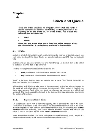 Chapter
4
Stack and Queue
There are certain situations in computer science that one wants to
restrict insertions and deletions so that they can take place only at the
beginning or the end of the list, not in the middle. Two of such data
structures that are useful are:
• Stack.
• Queue.
Linear lists and arrays allow one to insert and delete elements at any
place in the list i.e., at the beginning, at the end or in the middle.
4.1. STACK:
A stack is a list of elements in which an element may be inserted or deleted only at one
end, called the top of the stack. Stacks are sometimes known as LIFO (last in, first out)
lists.
As the items can be added or removed only from the top i.e. the last item to be added
to a stack is the first item to be removed.
The two basic operations associated with stacks are:
• Push: is the term used to insert an element into a stack.
• Pop: is the term used to delete an element from a stack.
“Push” is the term used to insert an element into a stack. “Pop” is the term used to
delete an element from the stack.
All insertions and deletions take place at the same end, so the last element added to
the stack will be the first element removed from the stack. When a stack is created, the
stack base remains fixed while the stack top changes as elements are added and
removed. The most accessible element is the top and the least accessible element is
the bottom of the stack.
4.1.1. Representation of Stack:
Let us consider a stack with 6 elements capacity. This is called as the size of the stack.
The number of elements to be added should not exceed the maximum size of the stack.
If we attempt to add new element beyond the maximum size, we will encounter a stack
overflow condition. Similarly, you cannot remove elements beyond the base of the
stack. If such is the case, we will reach a stack underflow condition.
When an element is added to a stack, the operation is performed by push(). Figure 4.1
shows the creation of a stack and addition of elements using push().
Lecture Notes Dept. of Information Technology89
 