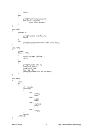 return;
}
else
{
printf("nnElements in stack:");
for(i = 0; i < top; i++)
printf("t%d", stack[i]);
}
}
void pop()
{
if(top == 0)
{
printf("nnStack Underflow..");
return;
}
else
printf("nnpopped element is: %d ", stack[--top]);
}
void push()
{
int data;
if(top == MAX)
{
printf("nnStack Overflow..");
return;
}
else
{
printf("nnEnter data: ");
scanf("%d", &data);
stack[top] = data;
top = top + 1;
printf("nnData Pushed into the stack");
}
}
void main()
{
int ch;
do
{
ch = menu();
switch(ch)
{
case 1:
push();
break;
case 2:
pop();
break;
case 3:
display();
break;
case 4:
exit(0);
}
getch();
} while(1);
}
Lecture Notes Dept. of Information Technology91
 