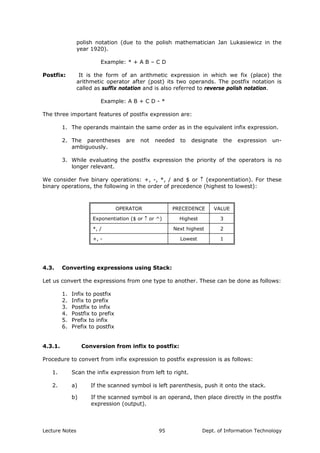 polish notation (due to the polish mathematician Jan Lukasiewicz in the
year 1920).
Example: * + A B – C D
Postfix: It is the form of an arithmetic expression in which we fix (place) the
arithmetic operator after (post) its two operands. The postfix notation is
called as suffix notation and is also referred to reverse polish notation.
Example: A B + C D - *
The three important features of postfix expression are:
1. The operands maintain the same order as in the equivalent infix expression.
2. The parentheses are not needed to designate the expression un-
ambiguously.
3. While evaluating the postfix expression the priority of the operators is no
longer relevant.
We consider five binary operations: +, -, *, / and $ or ↑ (exponentiation). For these
binary operations, the following in the order of precedence (highest to lowest):
OPERATOR PRECEDENCE VALUE
Exponentiation ($ or ↑ or ^) Highest 3
*, / Next highest 2
+, - Lowest 1
4.3. Converting expressions using Stack:
Let us convert the expressions from one type to another. These can be done as follows:
1. Infix to postfix
2. Infix to prefix
3. Postfix to infix
4. Postfix to prefix
5. Prefix to infix
6. Prefix to postfix
4.3.1. Conversion from infix to postfix:
Procedure to convert from infix expression to postfix expression is as follows:
1. Scan the infix expression from left to right.
2. a) If the scanned symbol is left parenthesis, push it onto the stack.
b) If the scanned symbol is an operand, then place directly in the postfix
expression (output).
Lecture Notes Dept. of Information Technology95
 