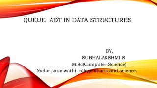 QUEUE ADT IN DATA STRUCTURES
BY,
SUBHALAKSHMI.S
M.Sc(Computer Science)
Nadar saraswathi college of arts and science.
 