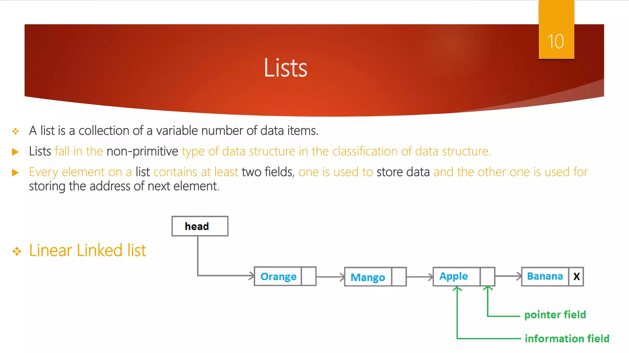 Lists  A list is a collection of a variable number of data items.  Lists fall in the non-primitive type of data structure in the classification of data structure.  Every element on a list contains at least two fields, one is used to store data and the other one is used for storing the address of next element.  Linear Linked list 10 