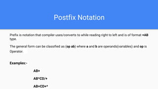Postfix Notation
Prefix is notation that compiler uses/converts to while reading right to left and is of format +AB
type.
The general form can be classified as (op ab) where a and b are operands(variables) and op is
Operator.
Examples:-
AB+
AB*CD/+
AB+CD+*
 