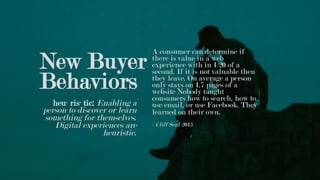 New Buyer
Behaviors
heu· ris· tic: Enabling a
person to discover or learn
something for themselves.
Digital experiences are
heuristic.
A consumer can determine if
there is value in a web
experience with in 1/20 of a
second. If it is not valuable then
they leave. On average a person
only stays on 1.7 pages of a
website Nobody taught
consumers how to search, how to
use email, or use Facebook. They
learned on their own.
- Cliff Seal 2015
 