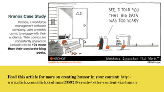 Read this article for more on creating humor in your content: http://
www.clickz.com/clickz/column/2389218/create-better-content-via-humor
Kronos Case Study
Kronos, a workforce
management software
company, uses a weekly
comic to engage with their
audience. Their comics are
consistently shared on
LinkedIn two to 10x more
than their corporate blog
posts.
 