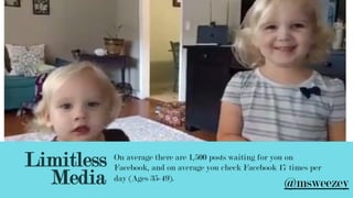 Limitless
Media
On average there are 1,500 posts waiting for you on
Facebook, and on average you check Facebook 17 times per
day (Ages 35-49).
@msweezey
 