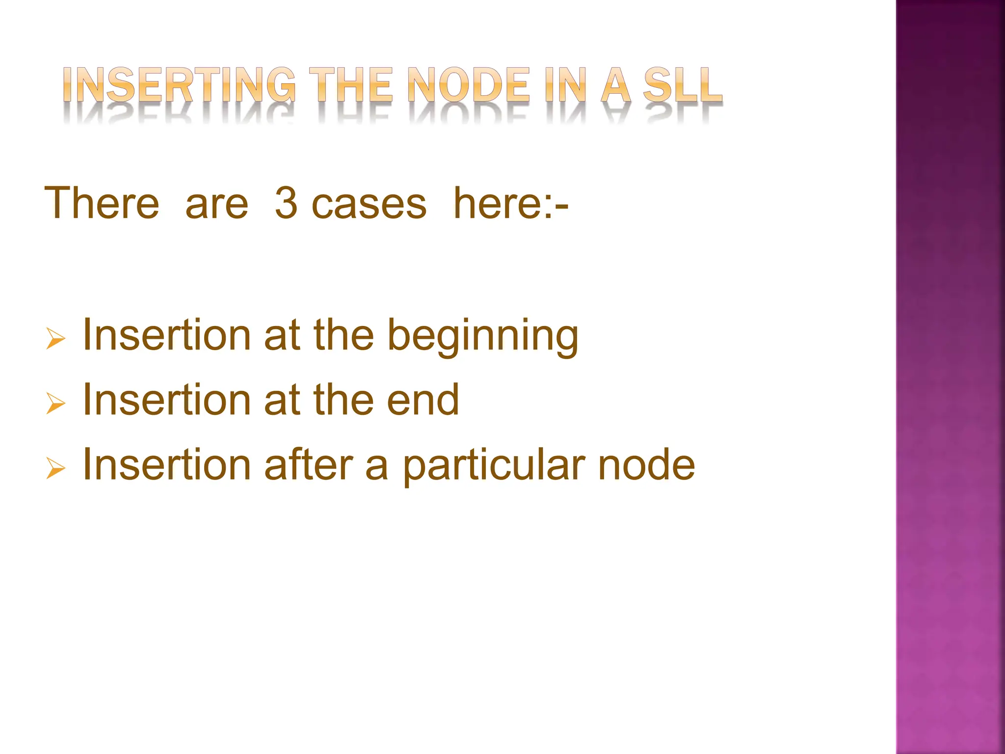 There are 3 cases here:-
 Insertion at the beginning
 Insertion at the end
 Insertion after a particular node
 
