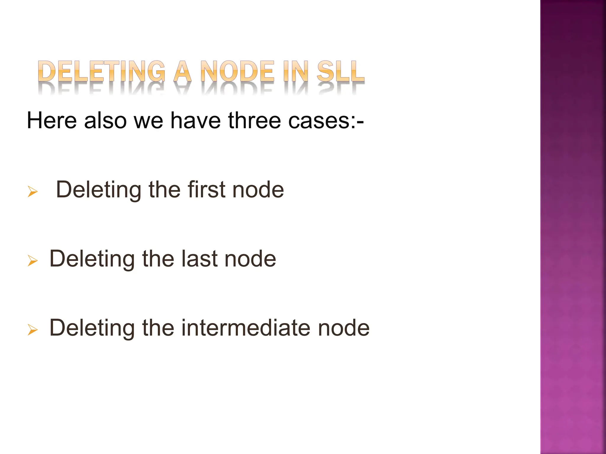 Here also we have three cases:-
 Deleting the first node
 Deleting the last node
 Deleting the intermediate node
 