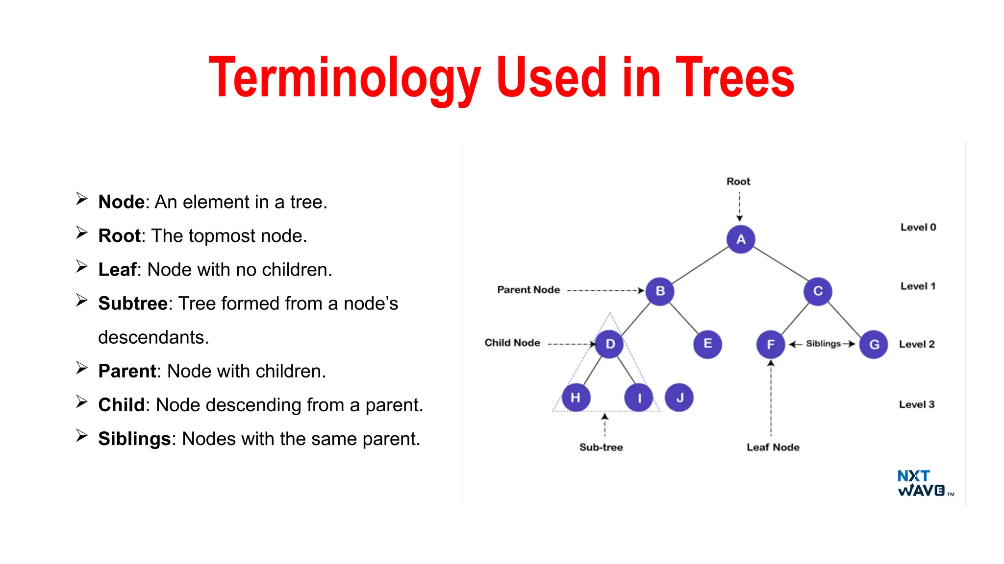 Terminology Used in Trees
 Node: An element in a tree.
 Root: The topmost node.
 Leaf: Node with no children.
 Subtree: Tree formed from a node’s
descendants.
 Parent: Node with children.
 Child: Node descending from a parent.
 Siblings: Nodes with the same parent.
 