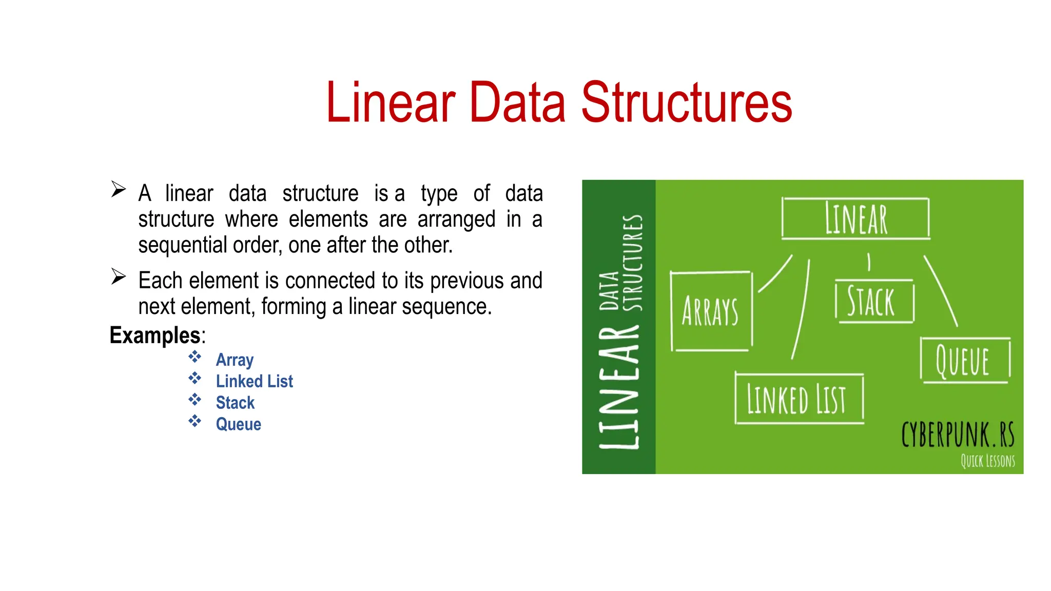 Linear Data Structures
 A linear data structure is a type of data
structure where elements are arranged in a
sequential order, one after the other.
 Each element is connected to its previous and
next element, forming a linear sequence.
Examples:
 Array
 Linked List
 Stack
 Queue
 