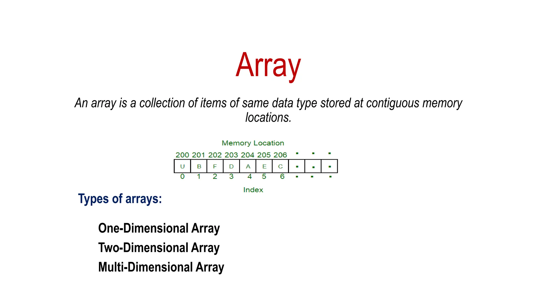 Array
An array is a collection of items of same data type stored at contiguous memory
locations.
Types of arrays:
One-Dimensional Array
Two-Dimensional Array
Multi-Dimensional Array
 