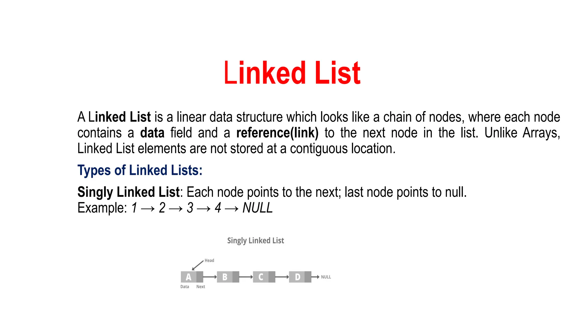 Linked List
A Linked List is a linear data structure which looks like a chain of nodes, where each node
contains a data field and a reference(link) to the next node in the list. Unlike Arrays,
Linked List elements are not stored at a contiguous location.
Types of Linked Lists:
Singly Linked List: Each node points to the next; last node points to null.
Example: 1 → 2 → 3 → 4 → NULL
 