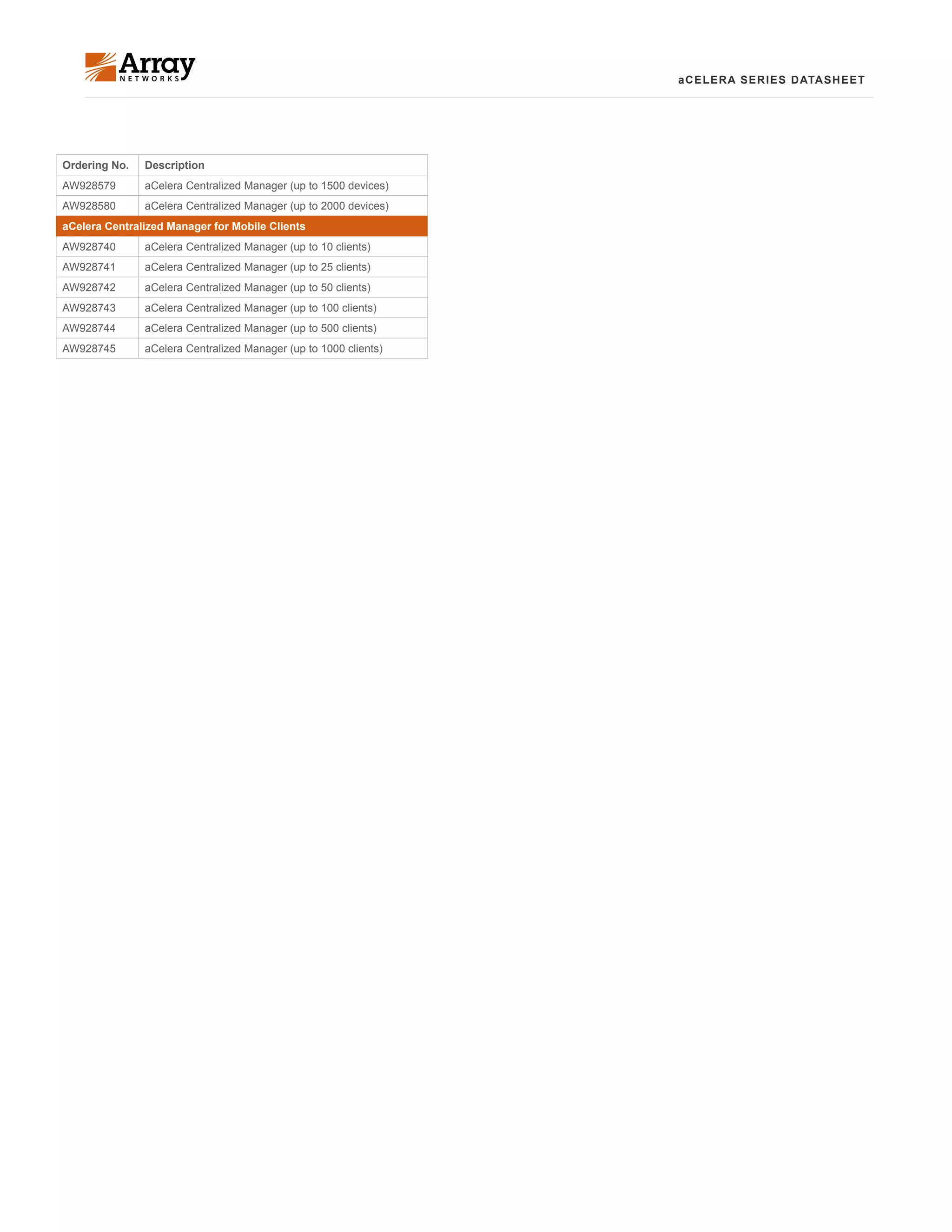 aCELERA SERIES DATASHEET
Ordering No. Description
AW928579 aCelera Centralized Manager (up to 1500 devices)
AW928580 aCelera Centralized Manager (up to 2000 devices)
aCelera Centralized Manager for Mobile Clients
AW928740 aCelera Centralized Manager (up to 10 clients)
AW928741	 aCelera Centralized Manager (up to 25 clients)
AW928742 aCelera Centralized Manager (up to 50 clients)
AW928743 aCelera Centralized Manager (up to 100 clients)
AW928744 aCelera Centralized Manager (up to 500 clients)
AW928745 aCelera Centralized Manager (up to 1000 clients)
 