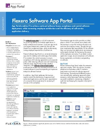 DATASHEET
App Portal enables IT to enforce continual software license compliance and control software
deployment, while increasing employee satisfaction and the efficiency of self-service
application delivery.
Benefits to
Your Organization:
• Empowers business users
with a single place to
access and download
on-premise, cloud-based
or mobile applications at
anytime from anywhere.
• Increases IT
responsiveness by
automating software
delivery across complex
enterprise environments
and aligning service
levels with metrics
relevant to the user
experience.
• Reduces support costs
through decreased
administration expenses
and service desk call
volumes to improve
user satisfaction on
both sides of the IT
Service Desk.
• Increases governance
over application
usage with a central
repository of well-
vetted applications
and services that are
delivered via role-based
application distribution.
• Enhances overall
software asset
management by
eliminating shelfware
and compliance
issues with visibility
into software licenses
deployed, combined
with the ability to
automatically reclaim
and recycle
software licenses.
The enterprise app store is a critical component
for governing desktop and mobile applications in
today’s enterprise environment. Consumer app stores
can expose enterprises to potential risks and new
threats from unapproved apps, while simultaneously
raising employee expectations of self-service.
Flexera Software App Portal is a universal enterprise
app store for desktop and mobile apps that enables
IT to maintain the control necessary to ensure
compliance with licensing agreements and corporate
policy while reducing software costs and maximizing
software usage. App Portal provides seamless
integration with Software License Optimization
processes that enable the automated reclamation of
unused software to avoid overspending on expensive
enterprise software licenses.
In addition, App Portal addresses the business
need to control the distribution of approved and
authorized applications and the user’s expectations
of a consumer-driven experience for accessing IT
services in the workplace.
The enterprise app store also provides an ideal
place in which IT can connect more closely with
the business in ways that minimize business risk
and save the company money. Through the app
store, employees take responsibility for the software
they use, ensuring that applications are necessary
and properly licensed. By harnessing the power
of the employee community, IT can better control
application usage, ensure compliance with software
license agreements, and reduce overspending
on software.
App Portal
Flexera Software App Portal makes the enterprise
app store a reality. With this solution, business
people serve themselves while IT maintains
governance and control of software approval
and licensing. The end-to-end fulfillment process
runs automatically, gathering approvals where
necessary, enforcing proper licensing, verifying
successful installation, maintaining a detailed
audit trail and keeping the requestor informed of
the status.
Flexera Software App Portal
Figure 1: Flexera Software App Portal presents users with a familiar browser interface that lets them order and receive
applications in minutes.
 