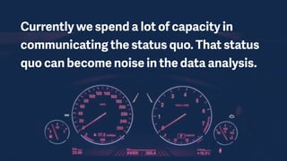 Currently we spend a lot of capacity in
communicating the status quo. That status
quo can become noise in the data analysis.
 