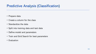 15
• Prepare data
• Create a column for the class
• Standardize the data
• Split into training data and test data
• Define model and parameters
• Train and Grid Search for best parameters
• Evaluation
Predictive Analysis (Classification)
 