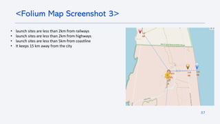 37
<Folium Map Screenshot 3>
• launch sites are less than 2km from railways
• launch sites are less than 2km from highways
• launch sites are less than 5km from coastline
• It keeps 15 km away from the city
 