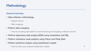 6
Executive Summary
• Data collection methodology:
• SpaceX rest api
• Web scrapping
• Perform data wrangling
• One hot encoding data fields for machine learning and dropping irrelevant columns
• Perform exploratory data analysis (EDA) using visualization and SQL
• Perform interactive visual analytics using Folium and Plotly Dash
• Perform predictive analysis using classification models
• How to build, tune, evaluate classification models
Methodology
 