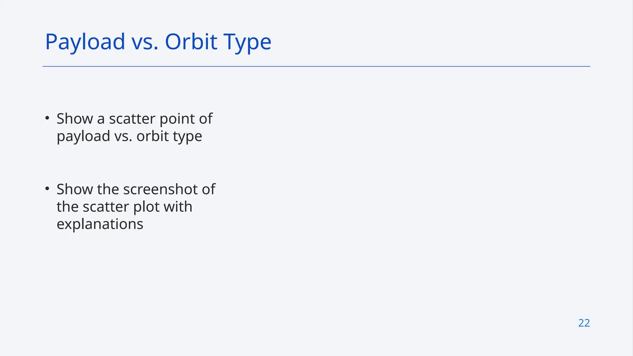22
• Show a scatter point of
payload vs. orbit type
• Show the screenshot of
the scatter plot with
explanations
Payload vs. Orbit Type
 